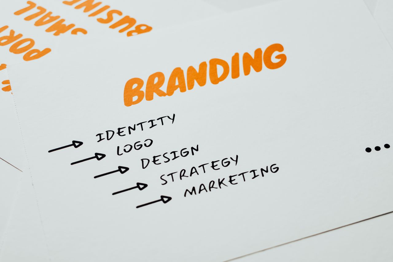 services-03 Close-up view of a sheet featuring branding, identity, design, strategy, and marketing ideas in orange and black.